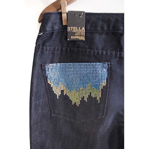 Express NWT Stella Low Rise Bootcut Sequin Embellished Dark Wash Jeans 10 30 - Picture 8 of 9